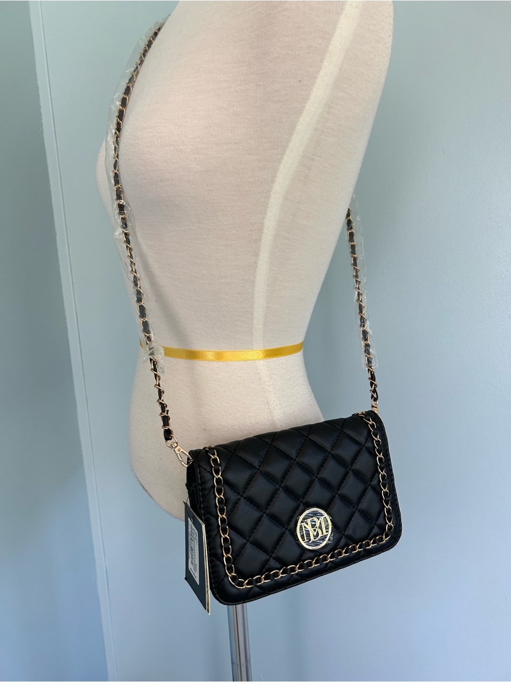 Badgley Mischkey Black Quilted Vegan Leather Crossbody Bag -Gold tone Details